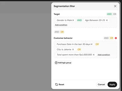 Segmentation Filter UI – Marketing Filter Interface b2b design crm crm design crm ui dashboard dashboard ui filter builder filter ui logic builder marketing tool product design saas smart filter ui uiux user interface web design