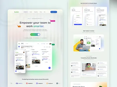 Tasker – Modern SaaS Design for Task Management & Productivity branding design fully customizable illustration landing page logo management minimal responsive design saas saas website template task management saas website typography ui ux web