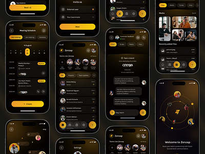 Dark Themed Team Collaboration Mobile App app app design chat chat app communication communication app design end home management message messaging app mobile mobile app mobile app design project management send message uiux video call