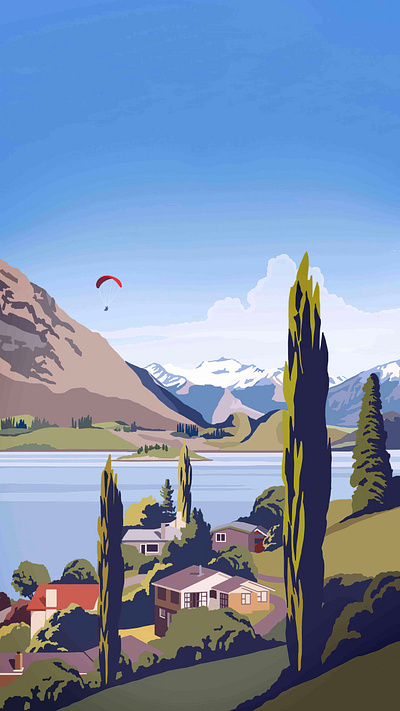 Beautiful Lakeside Town branding countryside graphic design illustration lake landscape painting poster travel