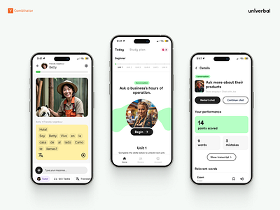 Designing Univerbal – A Conversational AI Language Tutor blobs chat green ui light theme mic input mobile ui progress bar rounded cta text box