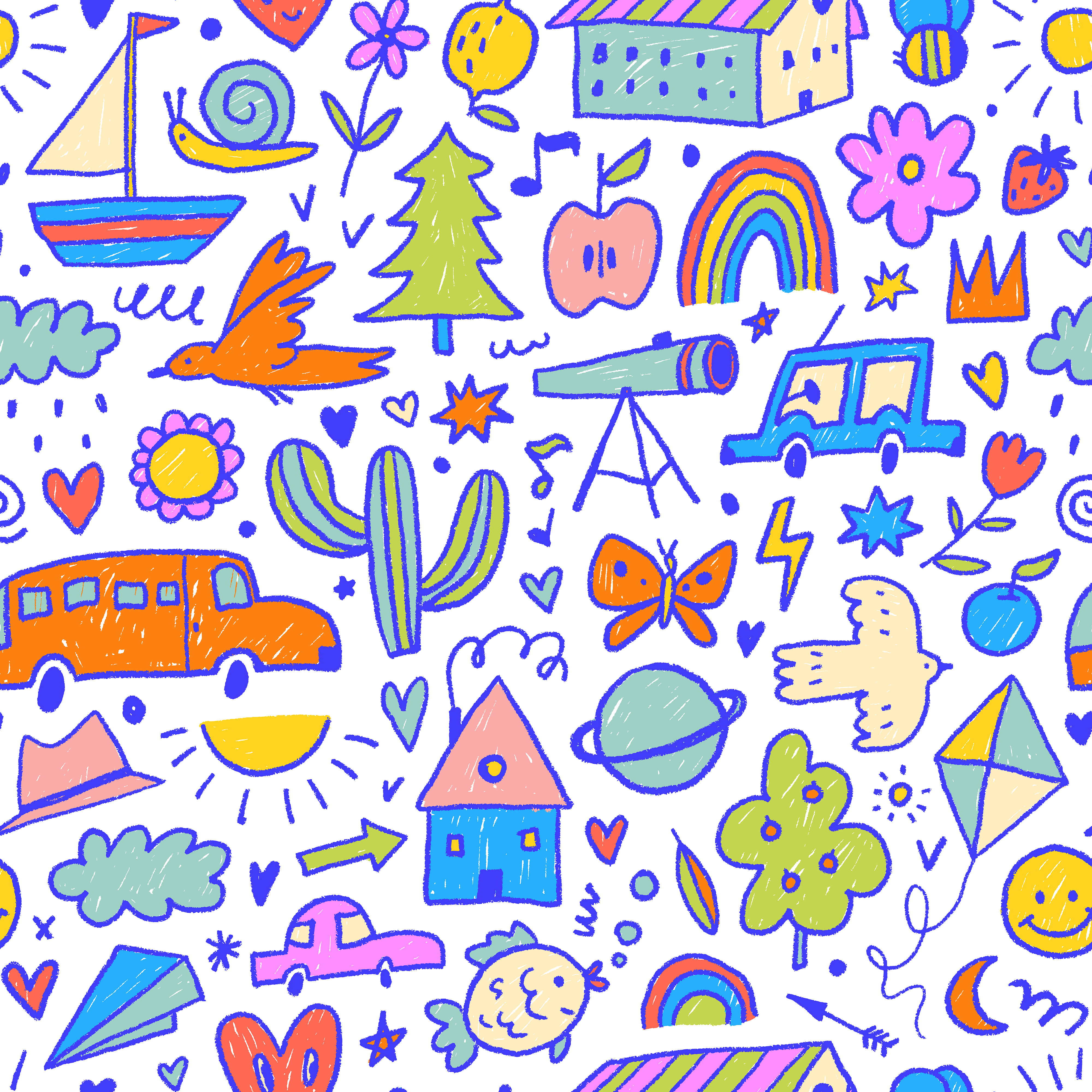 Childish Doodle Seamless Pattern childish colorful crayon doodle funky hand drawn ink kid pattern pencil seamless pattern