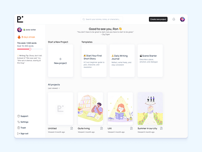 SaaS Dashboard for writers animation app dashboard design mob productdesign saas startup ui ux website