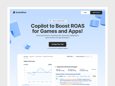 ScaleWise - Landing Page Design 3d design graphic design graphs hero section landing page landing page design roas saas landing page ui user friendly ux
