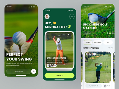 Golf Mobile App UI Design – Track Your Game, Improve Your Swing app app design golf golf app golf mobile app golf round golf score app golf tech golf tracker ios mobile mobile app sports sports app tennis app