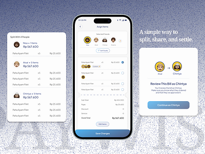 Assign Items and Review Bills – Group Payment UX billsplittingui design fintechuiux groupexpenseapp illustration itemizedsplitui minimalistuiux mobileappcasestudy mobilefinanceapp ui