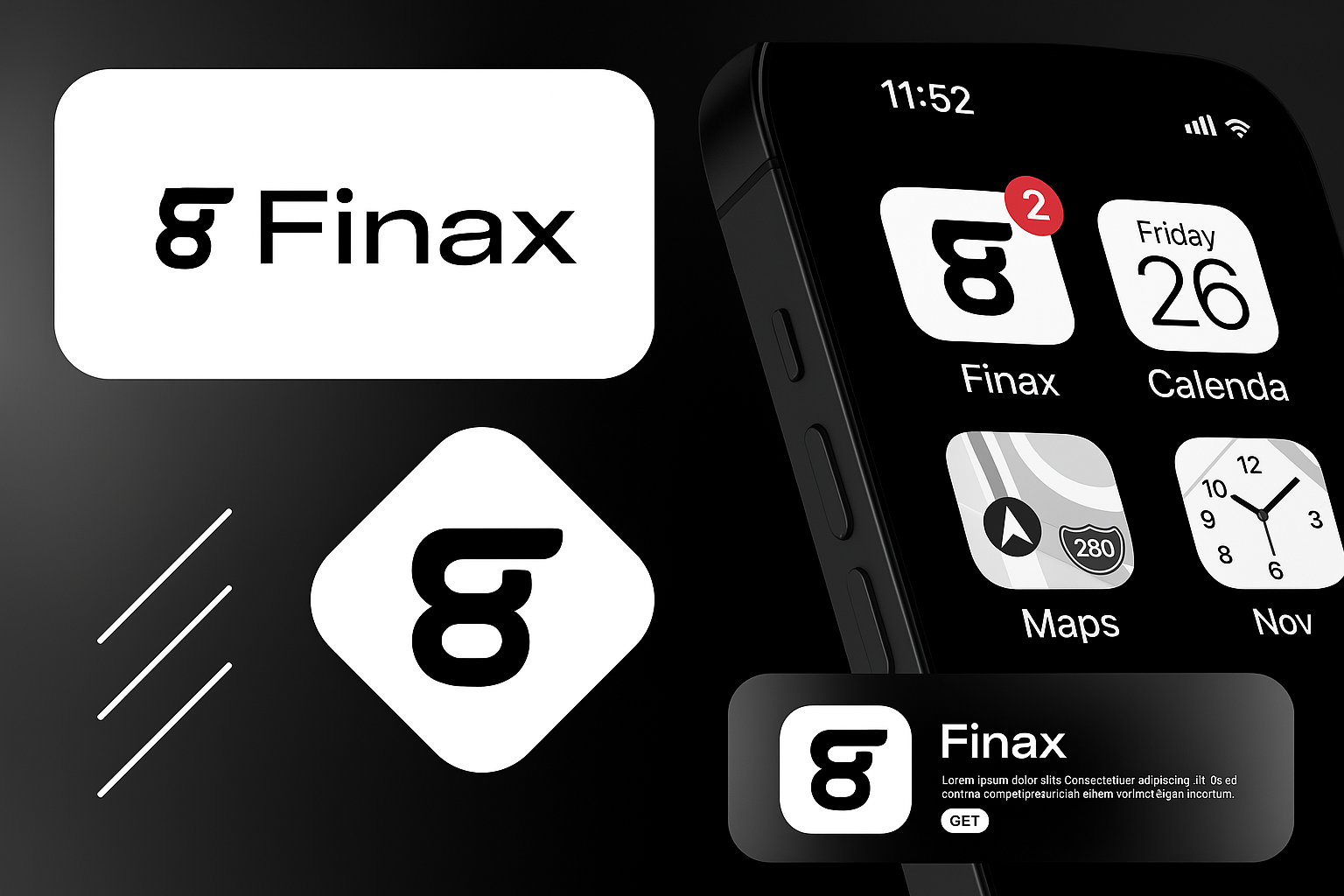 Finax App Icon & Branding Showcase app icon brand identity dark mode ui fintech design mobile app design monogram logo
