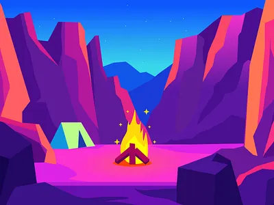 Camping america camping canyon desert fire fire tent flat illustration glowing hiking illustration kurzgesagt night nights outdoors tent vector west youtube