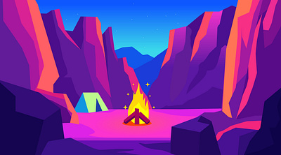 Camping america camping canyon desert fire fire tent flat illustration glowing hiking illustration kurzgesagt night nights outdoors tent vector west youtube