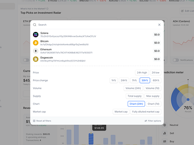 Crypto Quick Search – Filter & Insights Panel crypto app crypto asset crypto product design cryptocurrency dashboard filter modal pop up product design quick filter quick search saas search search modal search pop up token uiux web app web3 web3 crypto