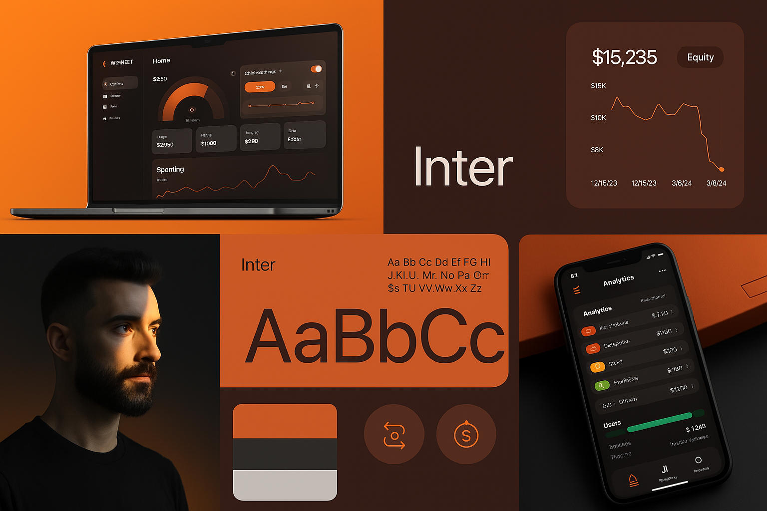Modern Fintech Dashboard UI Kit – Dark Mode with Orange Accents dark mode dashboard design data visualization finance app fintech ui mobile ui ui design ux design web app design ypography design
