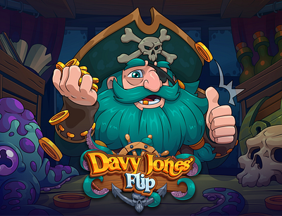 Davy Jones' Flip: Project cover blizzard cartoon casino casino game cover davy jones flip coin gambling game game art game illustration game logo hearthstone illustration logo design pirate slot slot game style world of warcraft