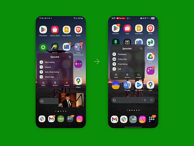 Sprocket Android App Icon Shortcuts with Subscriptions/Feedback android bicicleta bicycle bike dog glyph home icon menu open quick actions samsung shortcuts sprocket subscribe subscription symbol ui uninstall ux