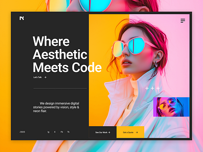 Where Aesthetic Meets Code aesthetic code dark mode editorial design figma glasses hero section heropage modern neon ui ui design web design
