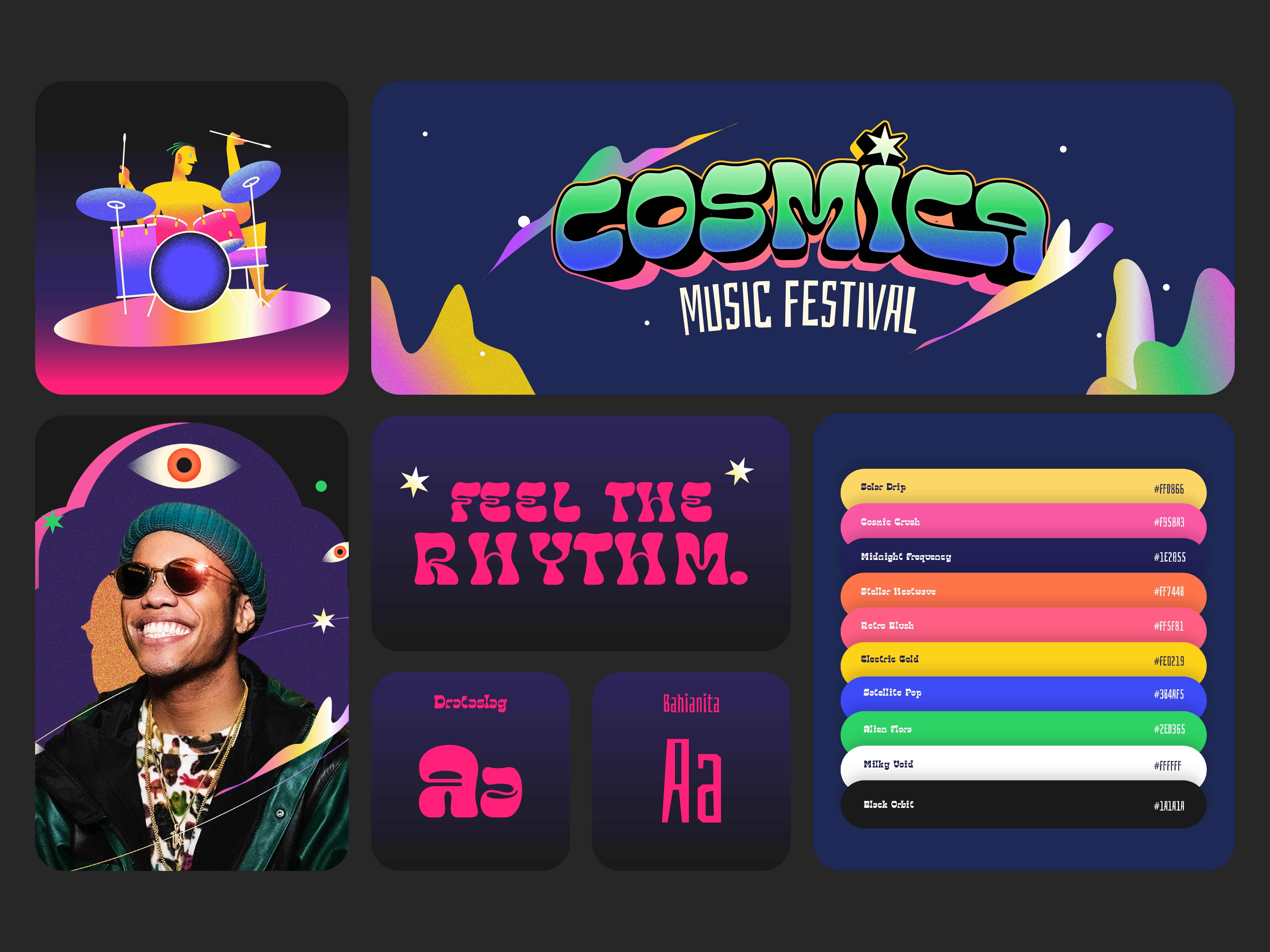Cosmica - Music Festival Branding abstract logo banner design brand identity branding color palette event branding festival branding graphic design illustration logo logo designer logo inspirations logotype mockup modern logo poster design signage typeface typography visual identity