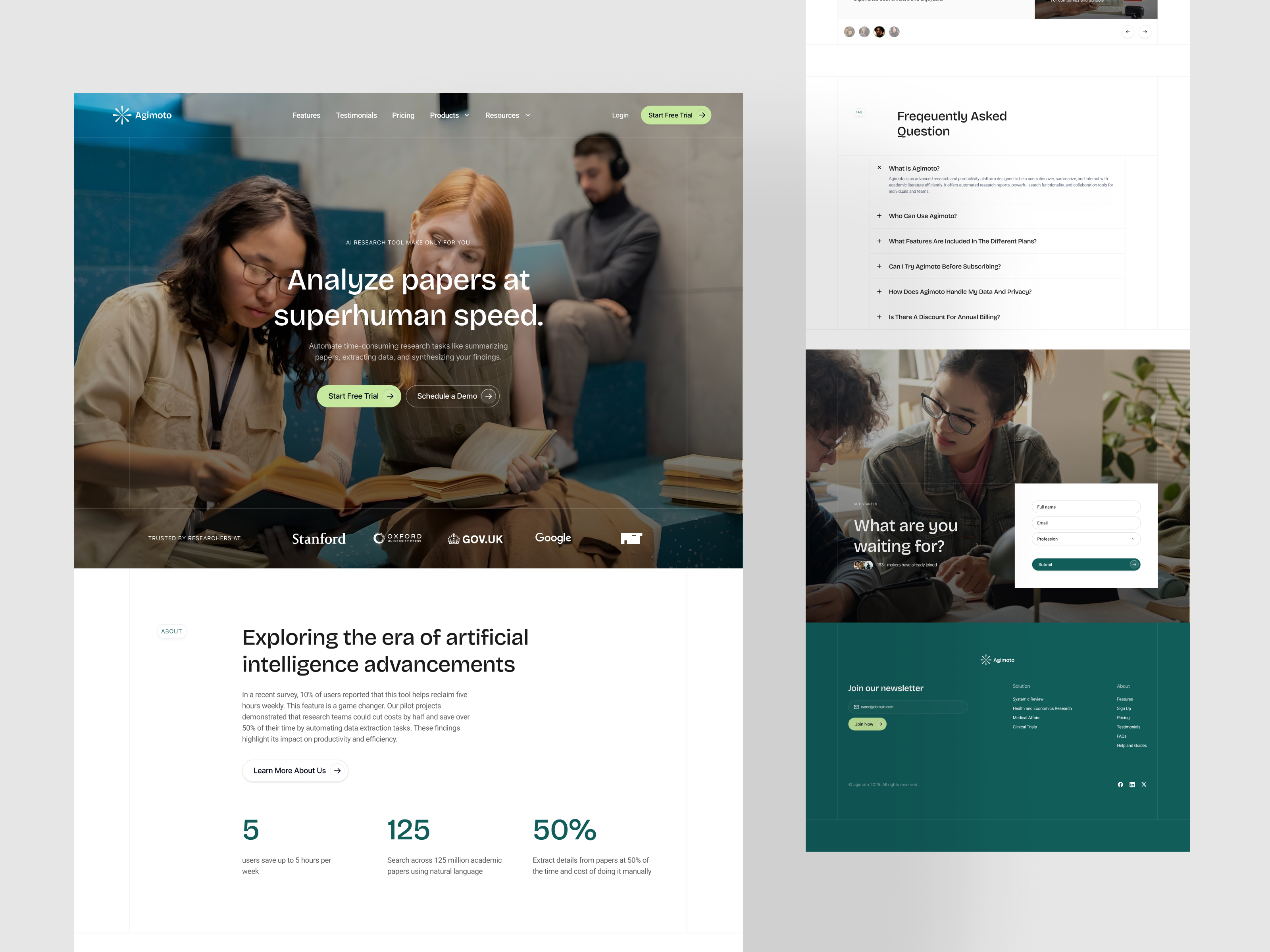 Agimoto - AI Research Landing Page ai analyze chat consultacy document education generate hero landing page learning lectures questions research saas school services study tool university web design