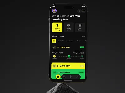 Smart Delivery & Parcel Tracking App – Dark UI appdesign courierapp darkui deliveryapp deliverystatus dribbbleshot ios mobile ordertracking parceltracking realtimetracking shippingapp smarthome smartlogistics trackyourparcel transportapp ui ux