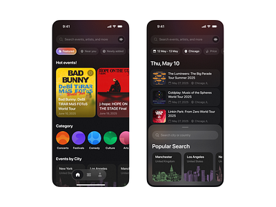 Events App - Home & Search abstract app card concert dark mode design events festival gradient graphic design home mobile morva morva labs music product design saas search ui ui ux