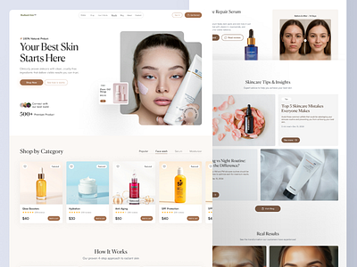 Radientglow- Skincare Landing page beauty beautywebsite branding clean beauty cosmeticswebdesign design ecommercedesign elegant ul hero section landing page organic beauty selfcaredesign skincare skincareui ui uiux website website design wellnessui