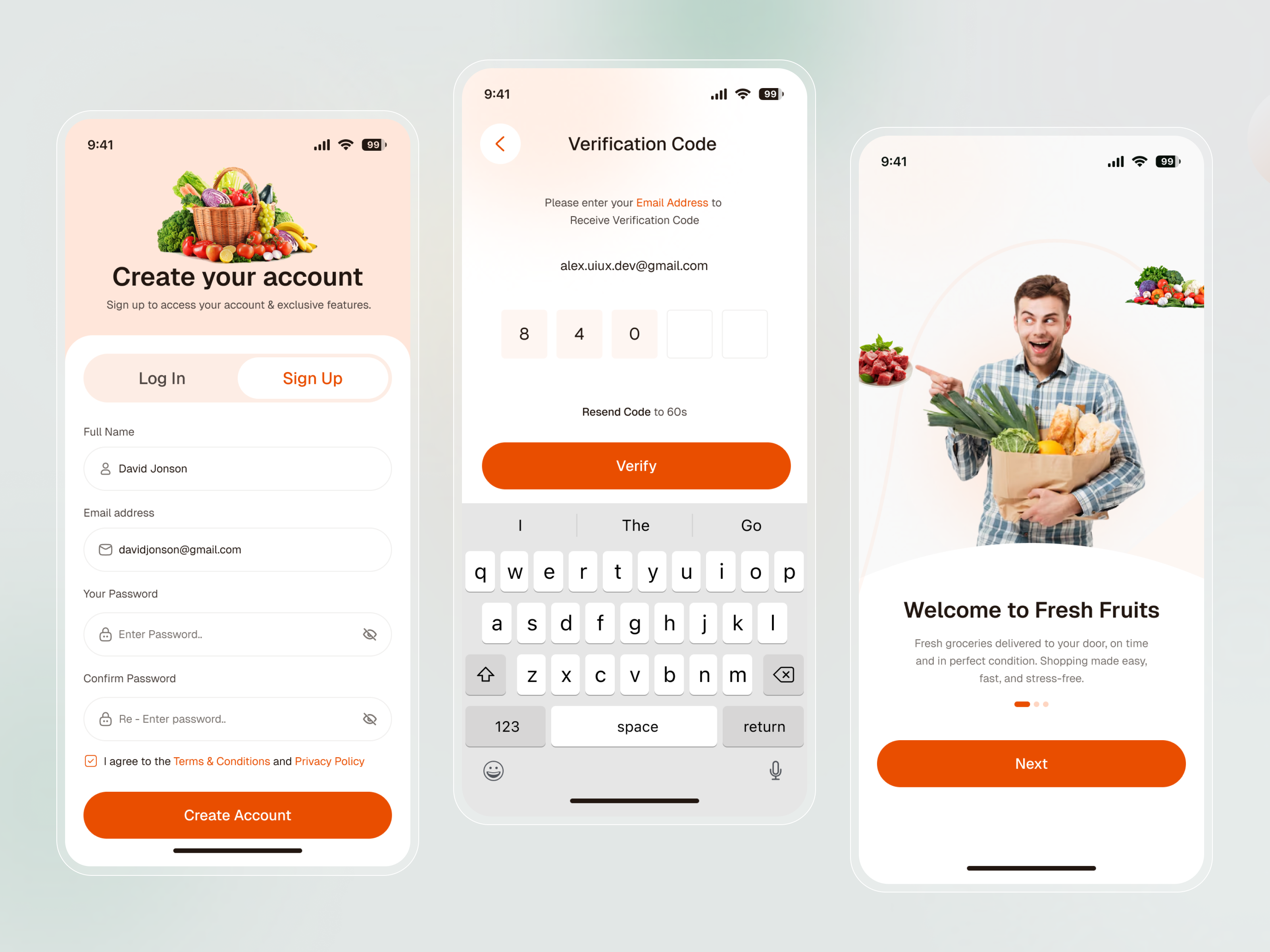 Grocery Delivery App Onboarding & Sign-Up UI accountsetup apponboarding cleanui deliveryapp fooddeliveryapp grocery mobile app grocerydelivery log in minimaldesign mobileappdesign mobileui modernui onboardingui sign up smartdesign uidesign uiuxdesign userinterface verification verificationui
