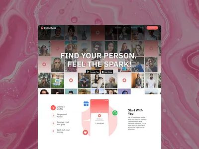 Modern Dating App Landing Page – Swipe, Match & Earn 💬💘 appui cashoutfeature datingapp figmadesign giftingsystem landingui love loveapp matchmakingui mobilelandingpage modernlandingpage monetizationui pink realtimechat socialappux swipematchearn uxdesign