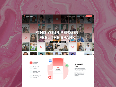 Modern Dating App Landing Page – Swipe, Match & Earn 💬💘 appui cashoutfeature datingapp figmadesign giftingsystem landingui love loveapp matchmakingui mobilelandingpage modernlandingpage monetizationui pink realtimechat socialappux swipematchearn uxdesign