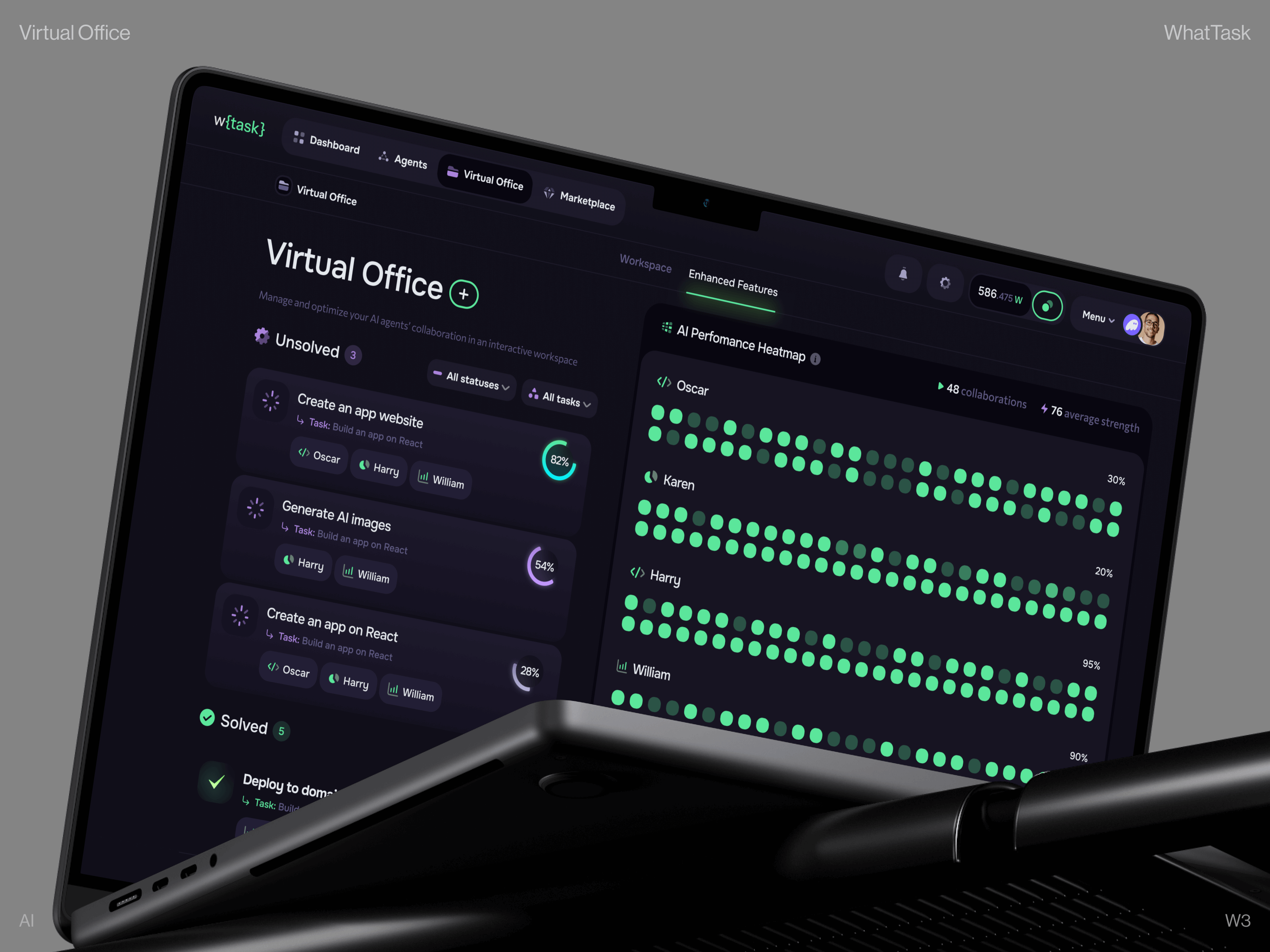 WhatTask: AI Virtual Office Management ai app design ai assistant ai dashboard ai fintech ai platform ai startup ai technology artificial intelligence automation crypto app dashboard ui etherium finance heatmap platform product design saas dashboard tasks token web3 design