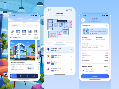 Hubbly - Coworking Space Finder App 🏢 app booking checkout clean coworking design desk freelance illustration map mobile modern orely payment remote reservation ui ux workspace