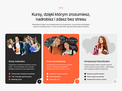Learn better, stress less - courses that make a difference bullet point cards clean kids light math minimal modern orange school service cards services ui webdesign webflow