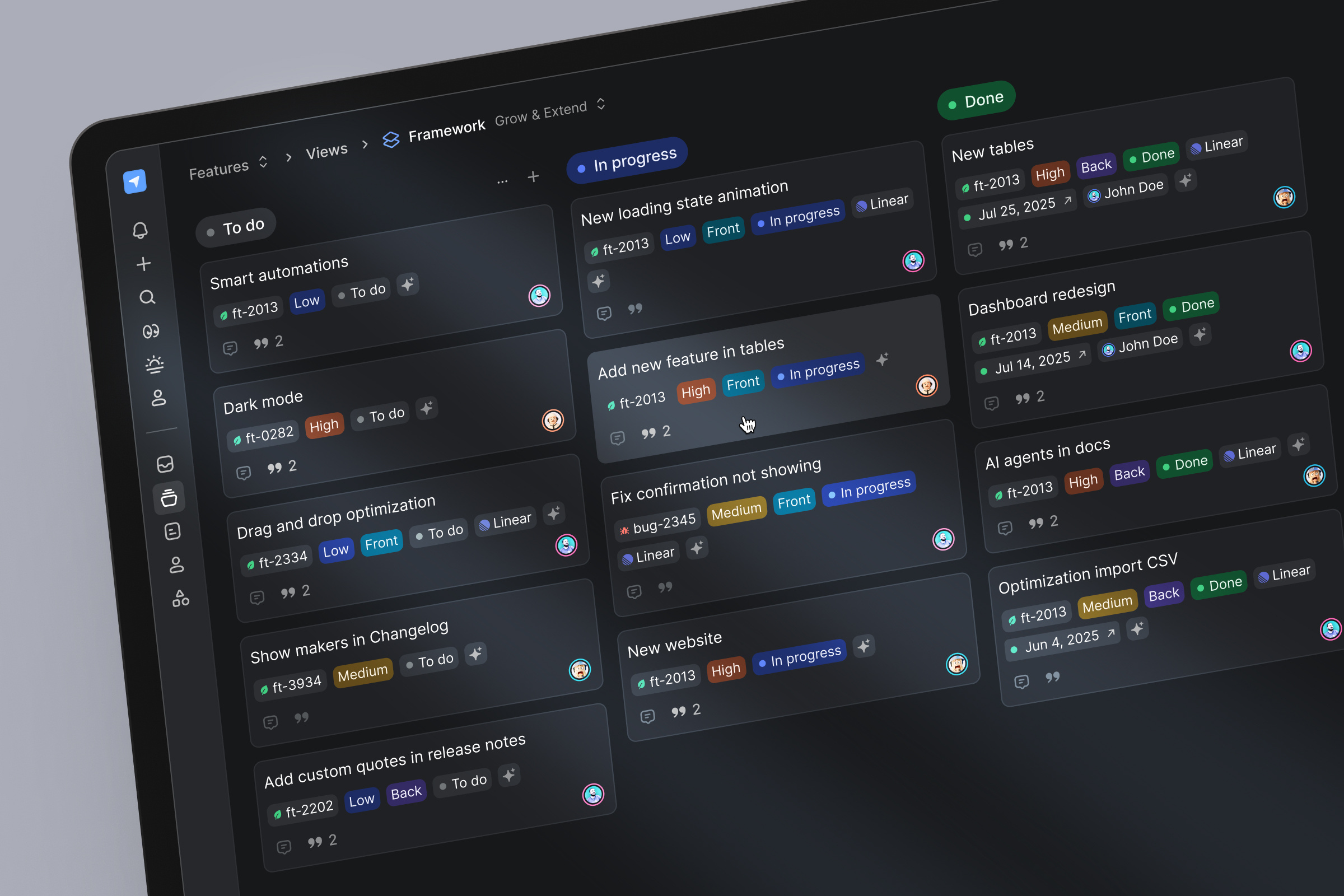Kanban Dark mode. cards dark mode kanban roadmap saas sidebar tags ui