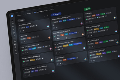 Kanban Dark mode. cards dark mode kanban roadmap saas sidebar tags ui