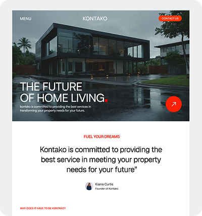 Modern Real Estate Website Concept – Kontako. landingpage luxuryhouse luxuryrealestate modernhomes propertydesign realestate uiux vwebdesign websiteconcept websitedesign