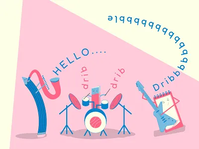 Hello Dribbble cartoon character concert debut first shot flat illustration graphic design hello hello dribbble hoop illustration music vector welcome