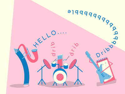 Hello Dribbble cartoon character concert debut first shot flat illustration graphic design hello hello dribbble hoop illustration music vector welcome
