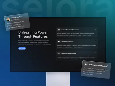 Selora – Point of Sales App Landing Page app business clean company dark design framer glass homepage landing page marketplace mobile mockup pos app responsive saas template ui webflow website