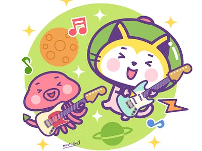 Astronaut Cat - Guitar adobeillustrator animal astronaut cat character cute design fender mustang guitar illustration illustrator kawaii martian pop space universe