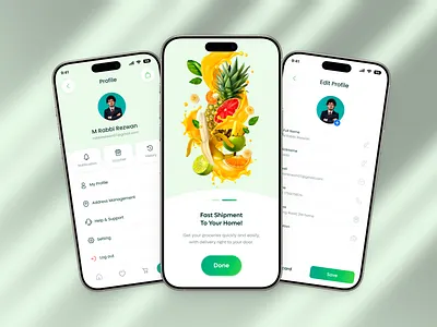 Modern - Grocery Mobile App - Splash, profile & Edit profile. app splash screen delivery service app design veli digital shopping e commerce app edit profile screen food delivery app grocery app grocery delivery grocery shopping app grocery store app mobile app design mobile app interface modern app design online delivery ui online grocery app online shopping app online store design profile page ui