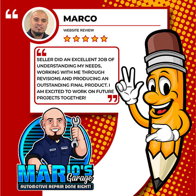 Client Testimonial & Cartoon Mascot Logo Design for Mario’s automotivebranding boldbranding branding cartoonlogo cartoonlogox characterillustration clientreviewart customcartoonlogo customerfeedbackdesign garagelogo graphic design illustrationlogo logo logowithcharacter mariogaragedesign mascotlogoart mascotlogodesign mechanicbranding testimonialdesign visualtestimonials