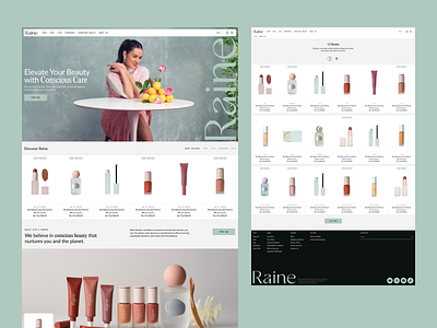 Raine Beauty - eCommerce Website aesthetic beauty website branding clean design cosmetics e commerce ecommerce ecommerce interaction green landing page landing page interaction make up minimal ui product layout product page shop page skincare ui ui interaction website