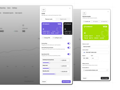 Cards and payment details — Untitled UI card settings fintech modal payment limits settings slideout ui design user interface