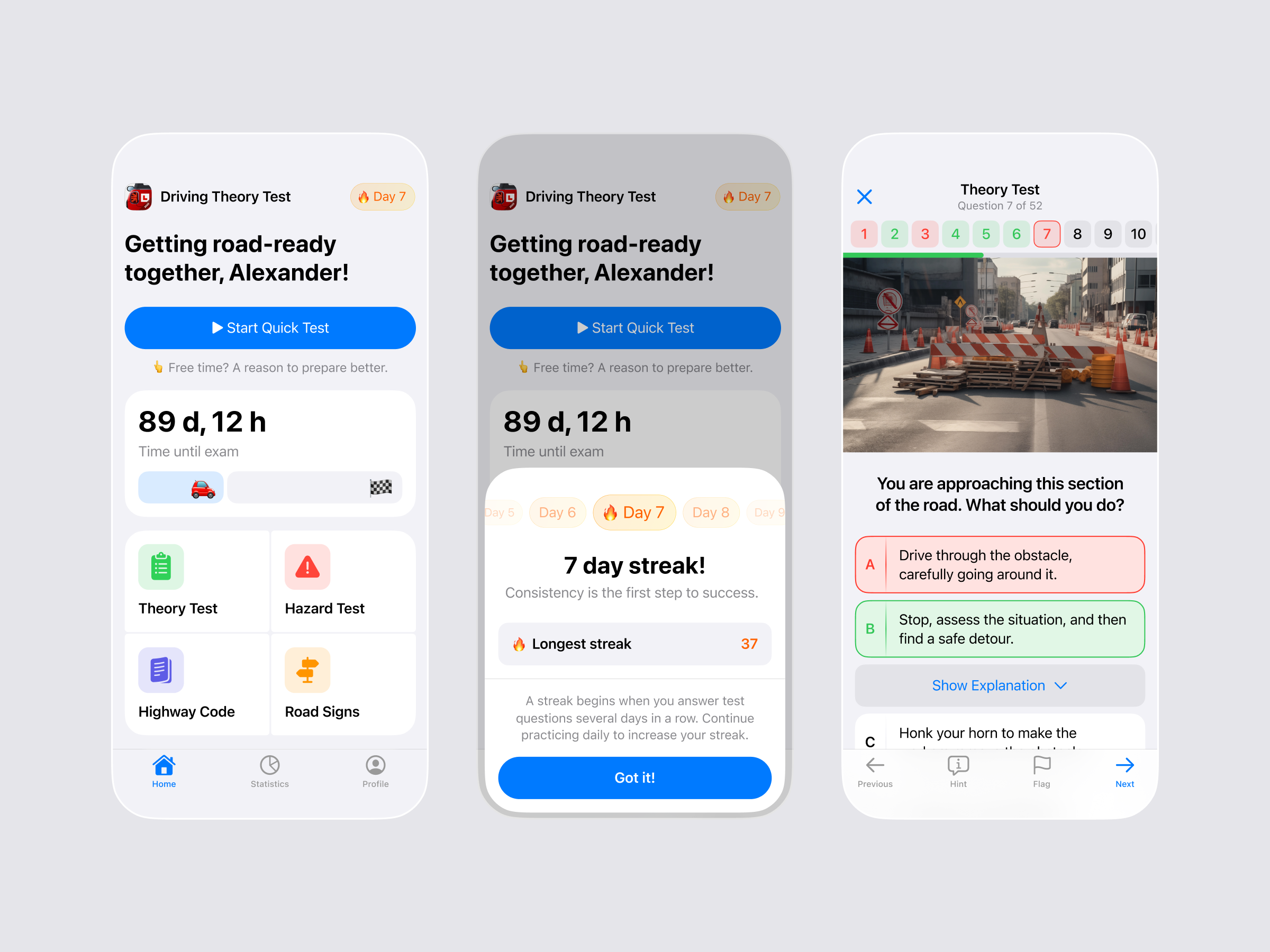 Theory Test App Interface app design dmv drive dvsa exam hazard highway code mobile pass practice questions road signs steps study test theory ui ux