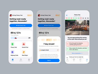 Theory Test App Interface app design dmv drive dvsa exam hazard highway code mobile pass practice questions road signs steps study test theory ui ux