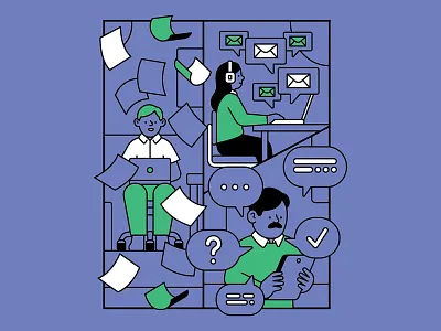 The modern workday hustle adobe bubble email fill forbes green illustration illustrator japan laptop message muti office paper purple vector vectorlinework