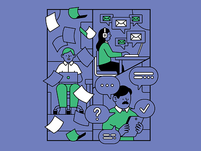 The modern workday hustle adobe bubble email fill forbes green illustration illustrator japan laptop message muti office paper purple vector vectorlinework