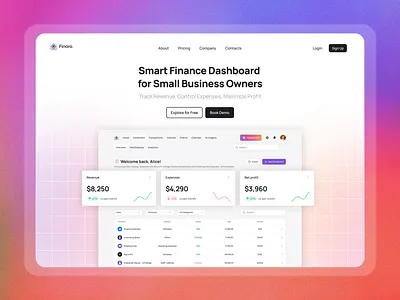 Finance Dashboard | Landing page | Hero Section analyticsui businessapp cleandesign dashboarddesign designforbusiness financeapp financialdashboard finoraapp fintechui landingpage minimalui modernui productdesign revenuetracking saasdesign smallbusinesstools startupdesign uidesign uxdesign webdashboard