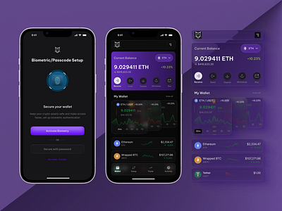 Crypto wallet App UI app design app redesign biometric security bitcoin blockchain app crypto fintech app crypto portfolio crypto wallet app dapps dark mode ui dark theme app design defi digital wallet ethereum fintech design mobile ui pool uxui design