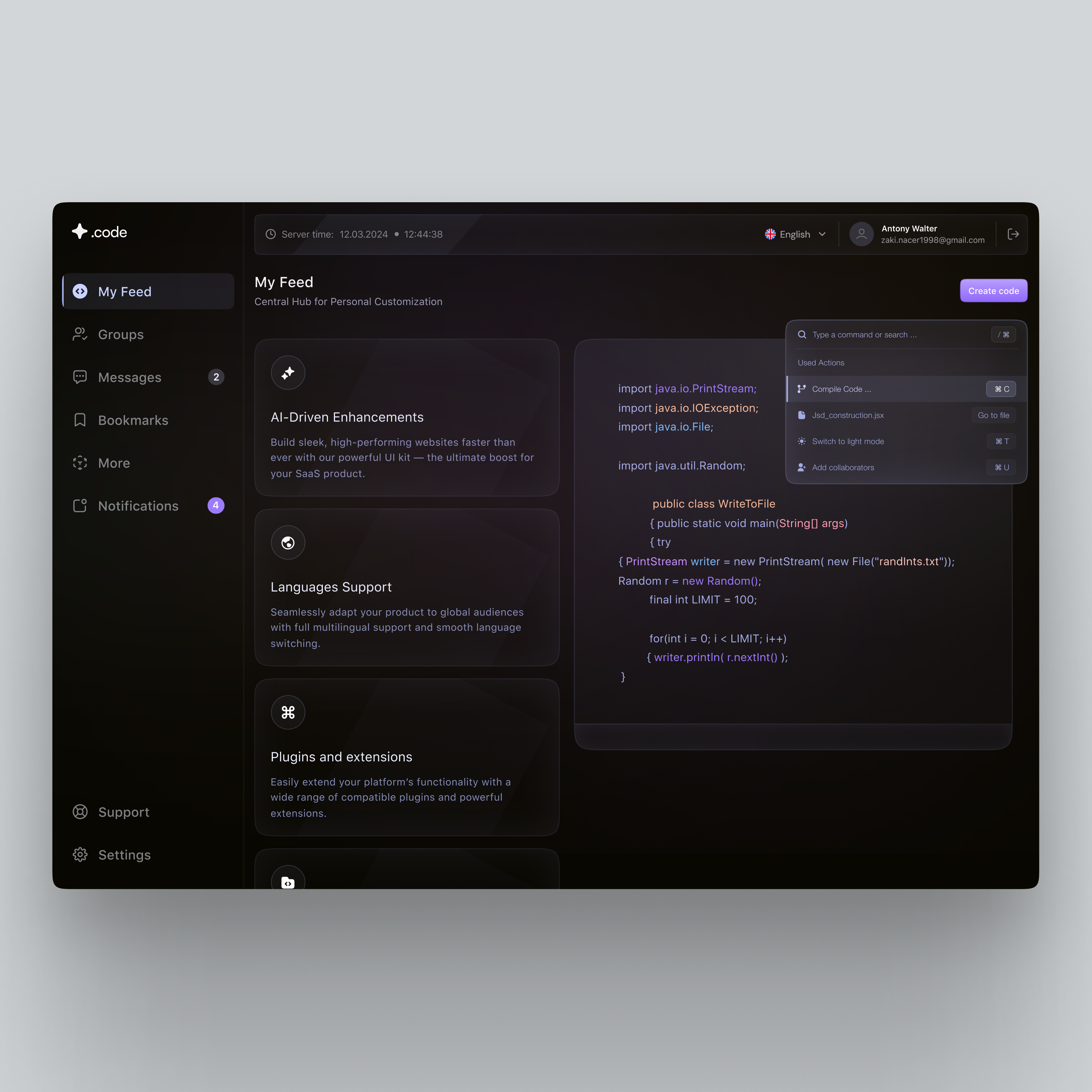 .code – Developer Dashboard UI 3d animation branding design graphic design illustration logo motion graphics product design typography ui ux vector