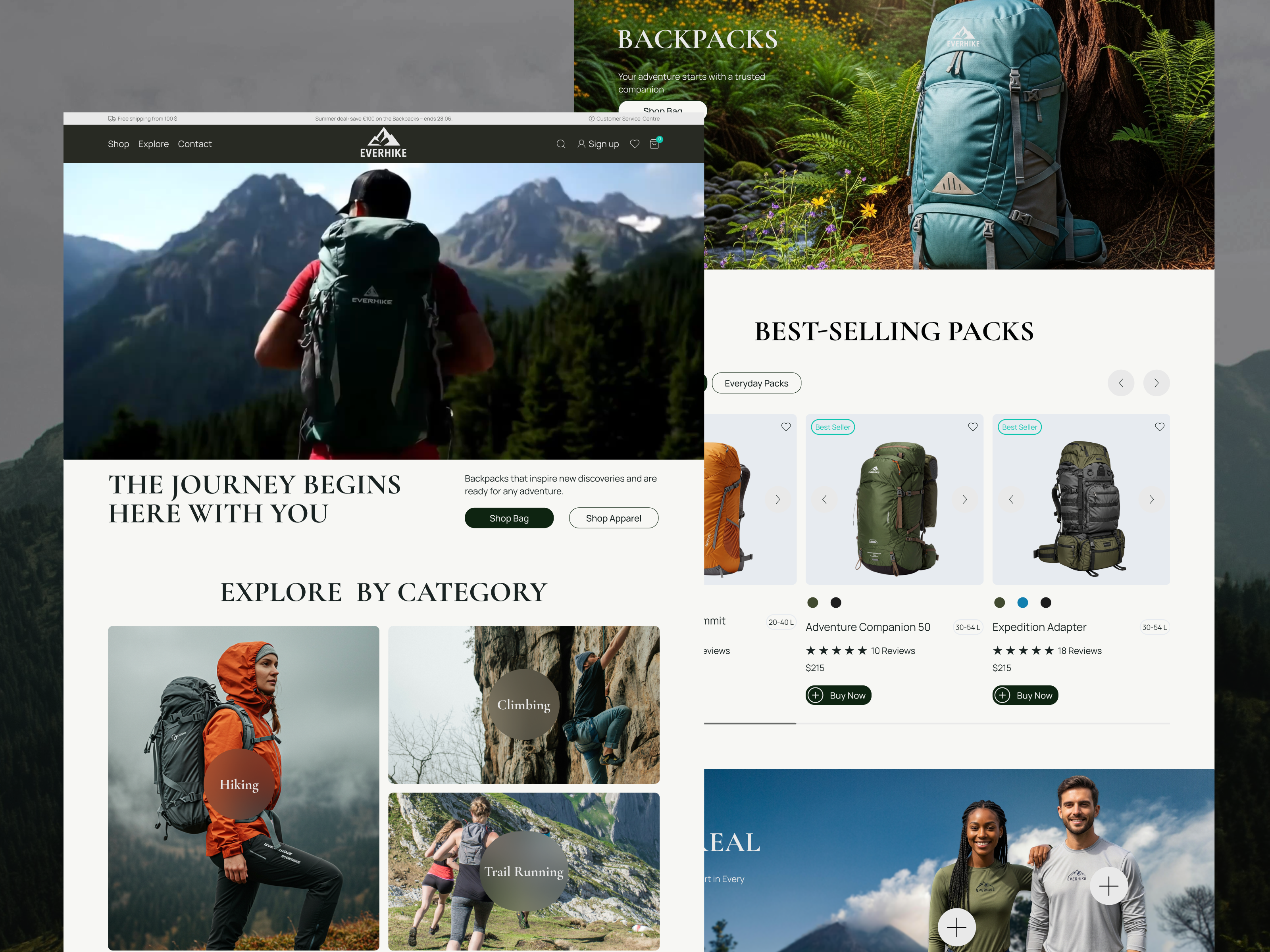 Everhike - Outdoor Gear E-commerce backpack branding cloth e commerce figma gear outdoor responsive design travel ui design ux design website