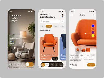 Furniture Shopping App – Mobile UI/UX Design architecture check out clean ecommerce furniture furniture app furniture mobile app homedecor interior design livingroom marketplace mobile mobile app online shop online store product design shop uiux whitespace wood