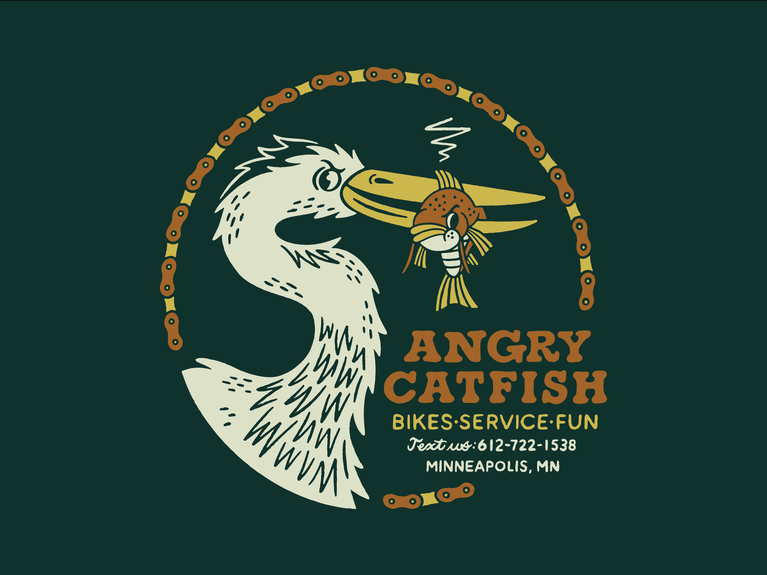 Angry Catfish bike shop tees angry bicycle bike cartoon catfish chain doodle heron minneapolis minnesota